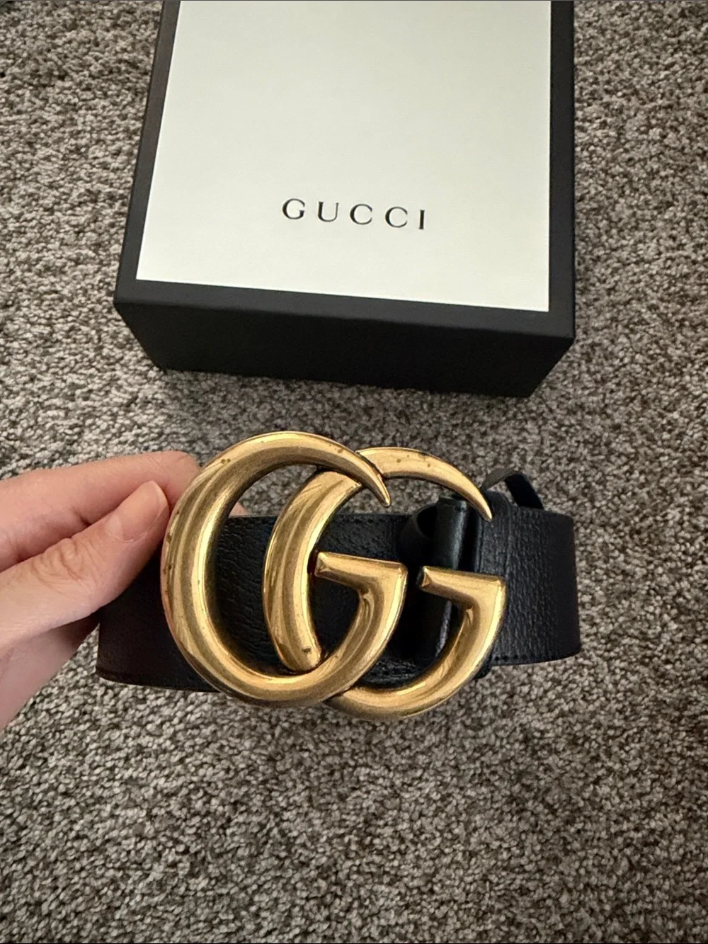Gucci Black Leather Belt with Antique Gold Interlocking G Buckle